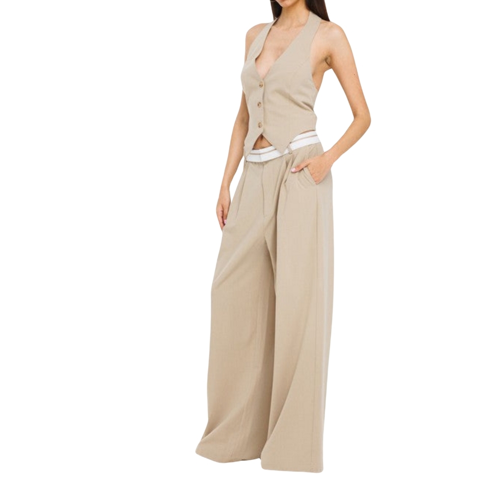 Women's Tan Wide-Leg Pants Vest Set